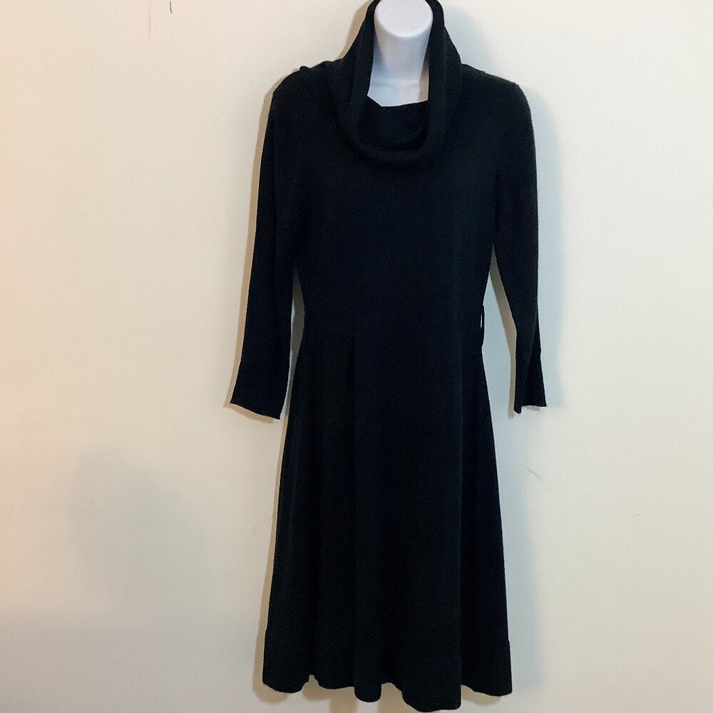 Black Sweater Feel Acrylic Dress Cowl Neck Long Sleeve Fitted Waist Sz Medium